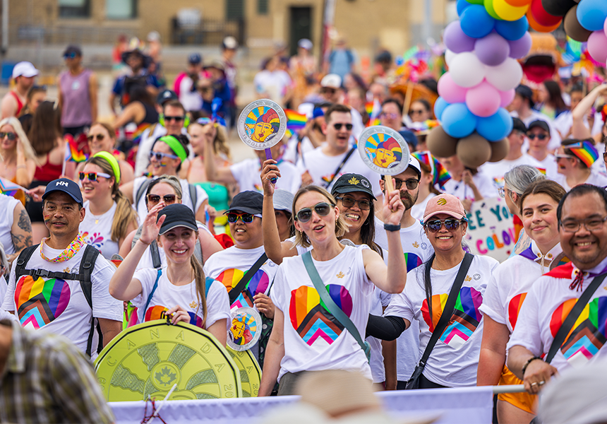 Mint employees, friends, and family members following the 2023 Pride Parade in Winnipeg.
