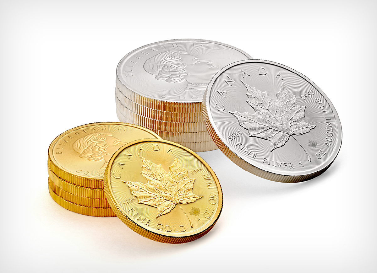 Gold and silver maple leaf bullion coins
