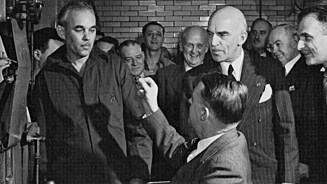 1951 striking ceremony for the new 5-cent circulation coin to mark the 200th anniversary of the discovery and naming of the element, nickel