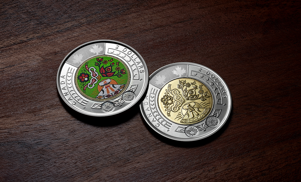 Two versions of the 2023 National Indigenous Peoples Day commemorative $2 coin