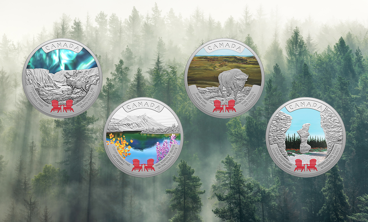 Celebrating Canada's National Parks series of four coins shown on a wilderness background