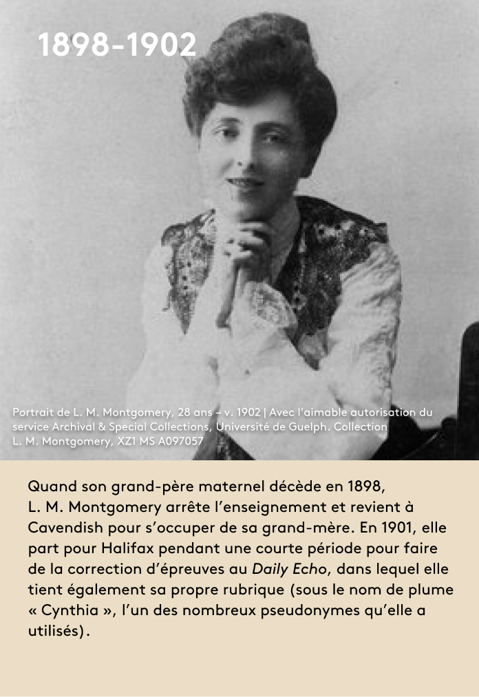 Quand son grand-père maternel décède en 1898, L. M. Montgomery arrête l’enseignement et revient à Cavendish pour s’occuper de sa grand-mère. En 1901, elle part pour Halifax pendant une courte période pour faire de la correction d’épreuves au Daily Echo, dans lequel elle tient également sa propre rubrique (sous le nom de plume « Cynthia », l’un des nombreux pseudonymes qu’elle a utilisés).
