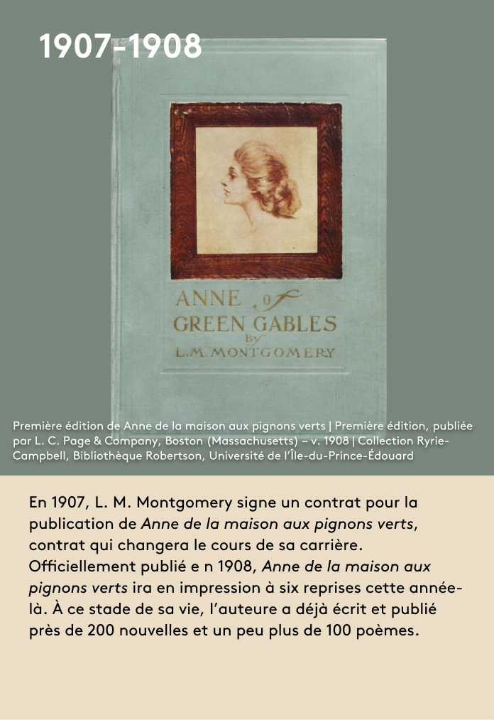 En 1907, L. M. Montgomery signe un contrat pour la publication de Anne de la maison aux pignons verts, contrat qui changera le cours de sa carrière. Officiellement publié en 1908, Anne de la maison aux pignons verts ira en impression à six reprises cette année-là. À ce stade de sa vie, l’auteure a déjà écrit et publié près de 200 nouvelles et un peu plus de 100 poèmes.