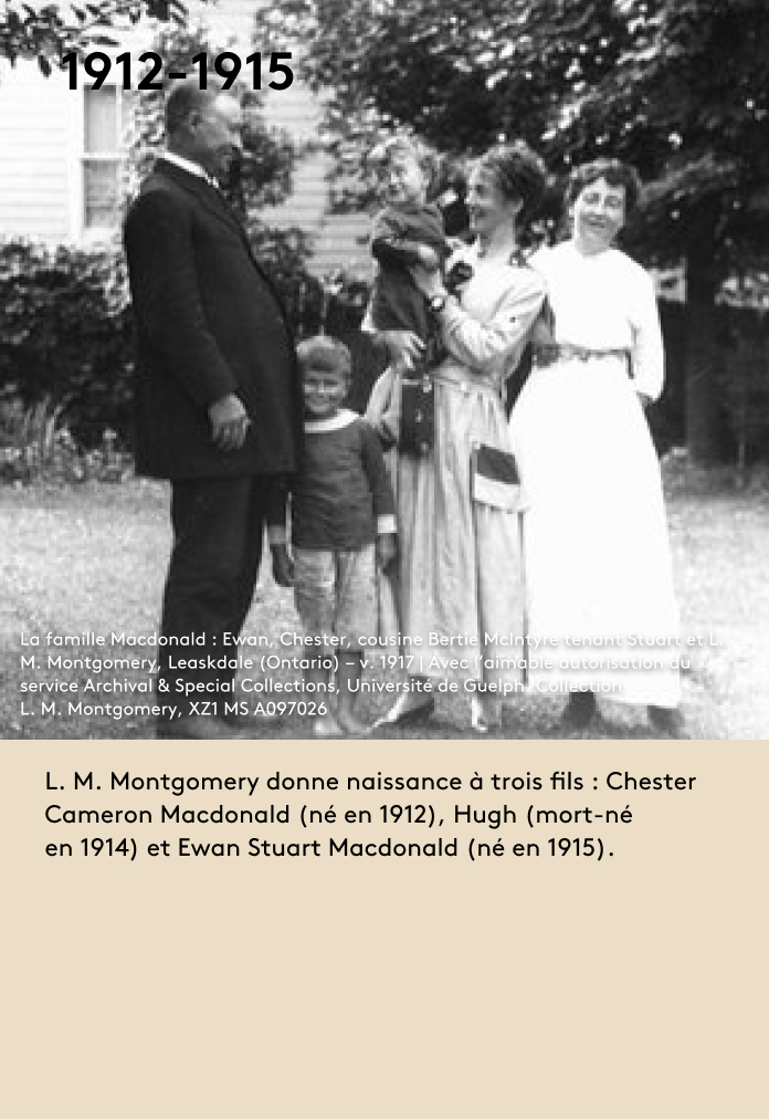 L. M. Montgomery donne naissance à trois fils : Chester Cameron Macdonald (né en 1912), Hugh (mort-né en 1914) et Ewan Stuart Macdonald (né en 1915). 