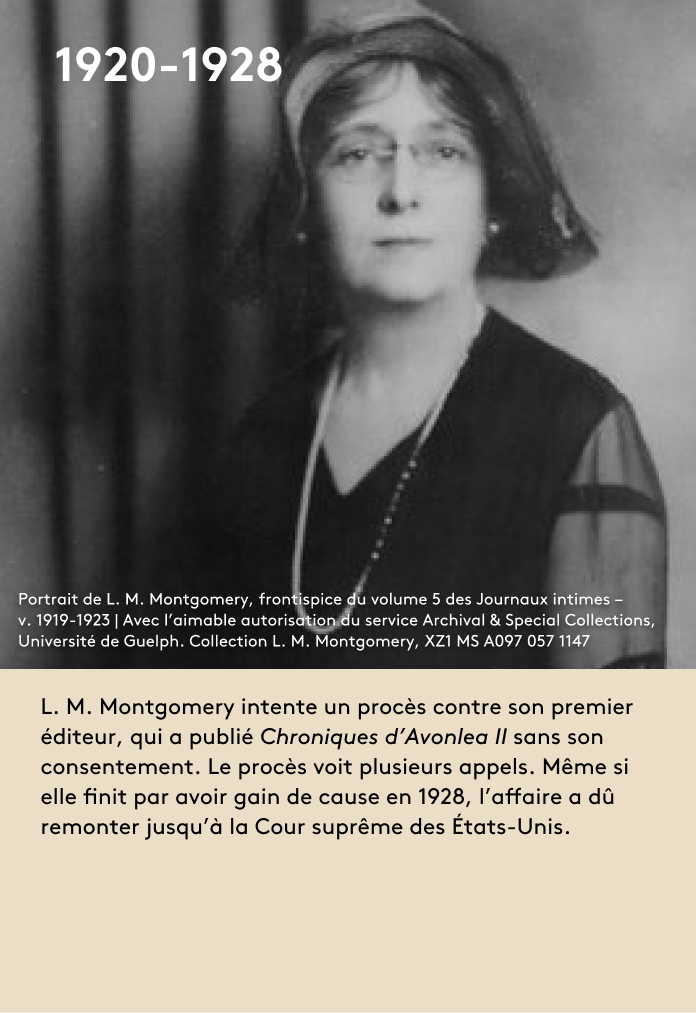L. M. Montgomery intente un procès contre son premier éditeur, qui a publié Chroniques d’Avonlea II sans son consentement. Le procès voit plusieurs appels. Même si elle finit par avoir gain de cause en 1928, l’affaire a dû remonter jusqu’à la Cour suprême des États-Unis. 