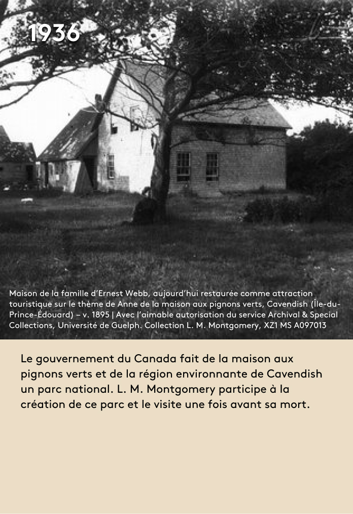 Le gouvernement du Canada fait de la maison aux pignons verts et de la région environnante de Cavendish un parc national. L. M. Montgomery participe à la création de ce parc et le visite une fois avant sa mort.