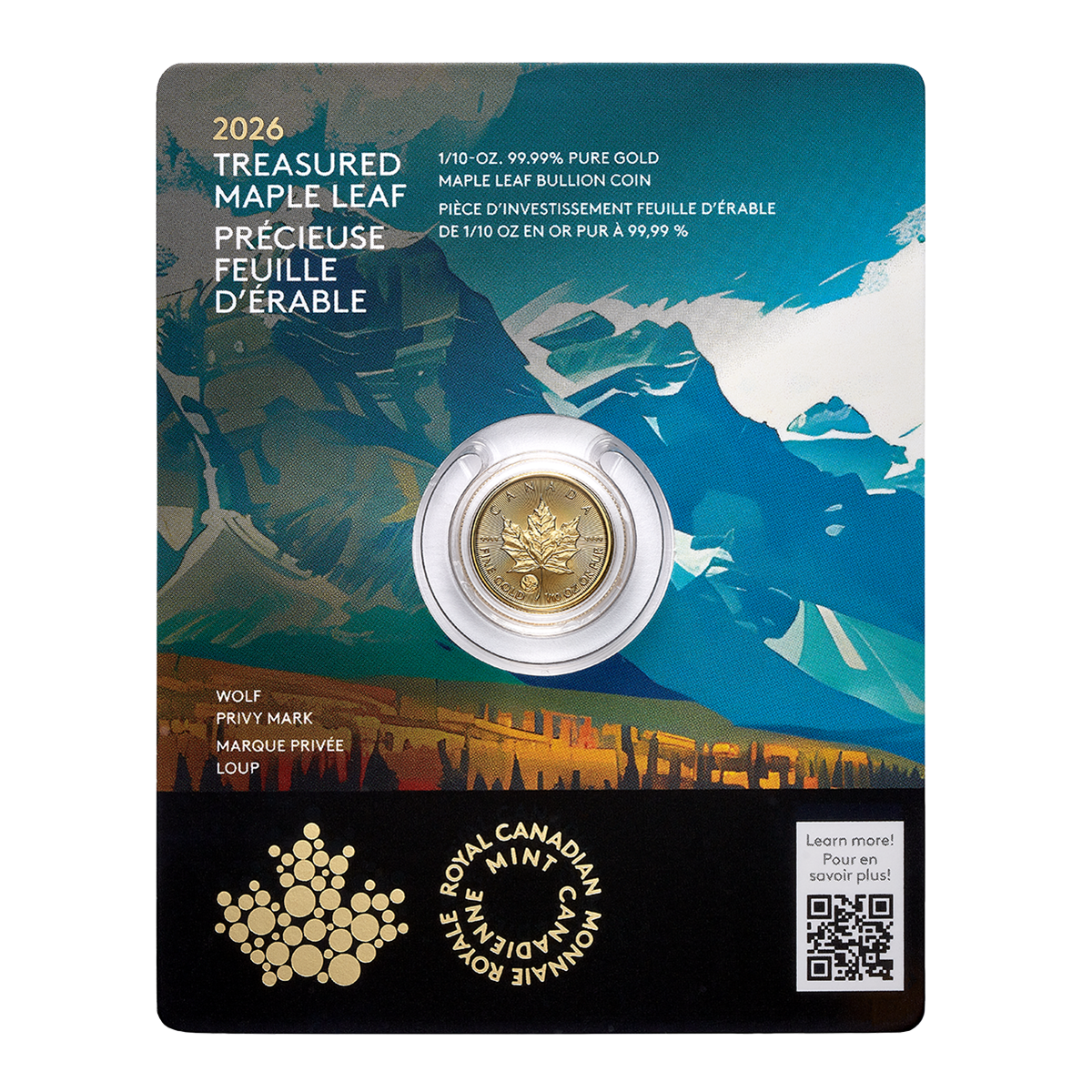 2026 Treasured Gold Maple Leaf: Wolf Privy Mark - 1/10 oz. 99.99% Pure Gold Coin (Premium Bullion)