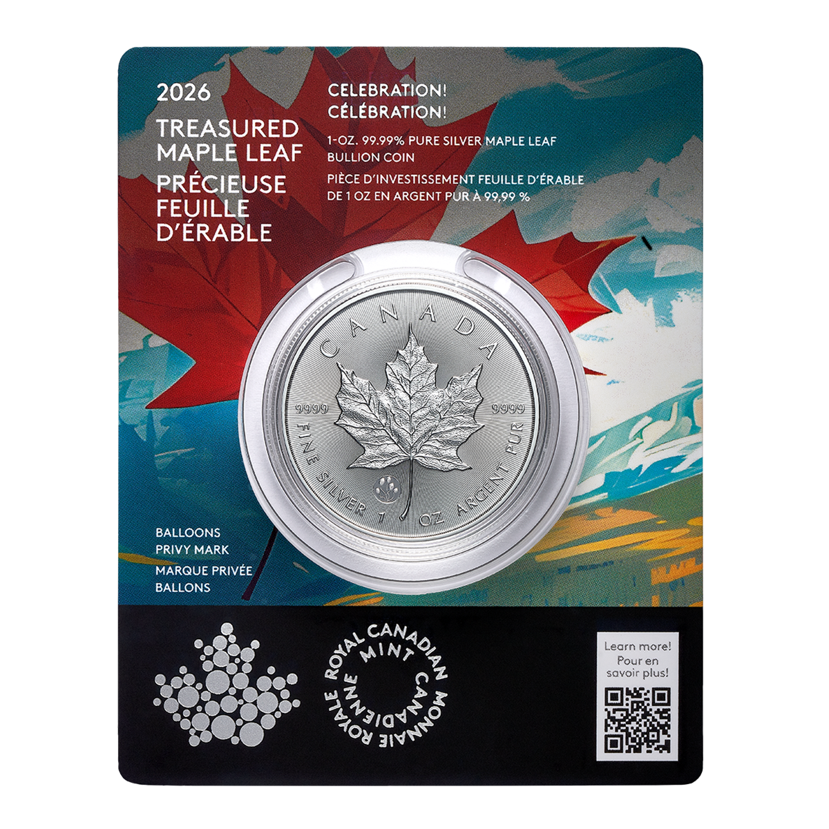 2026 Treasured Silver Maple Leaf: Celebration Privy Mark - 1 oz. 99.99% Pure Silver Coin (Premium Bullion) 