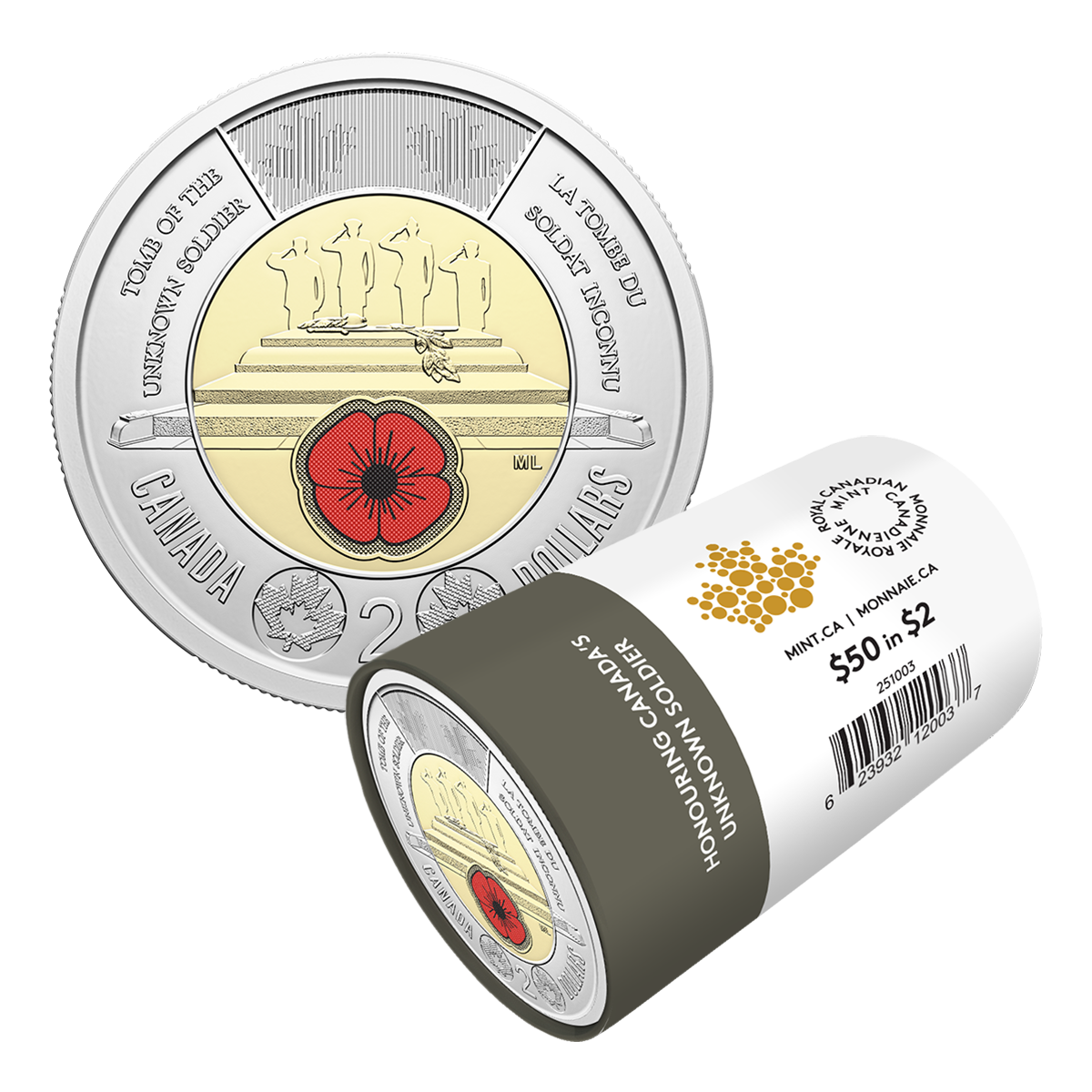2025 $2 Honouring Canada’s Unknown Soldier Colourized Special Wrap Roll