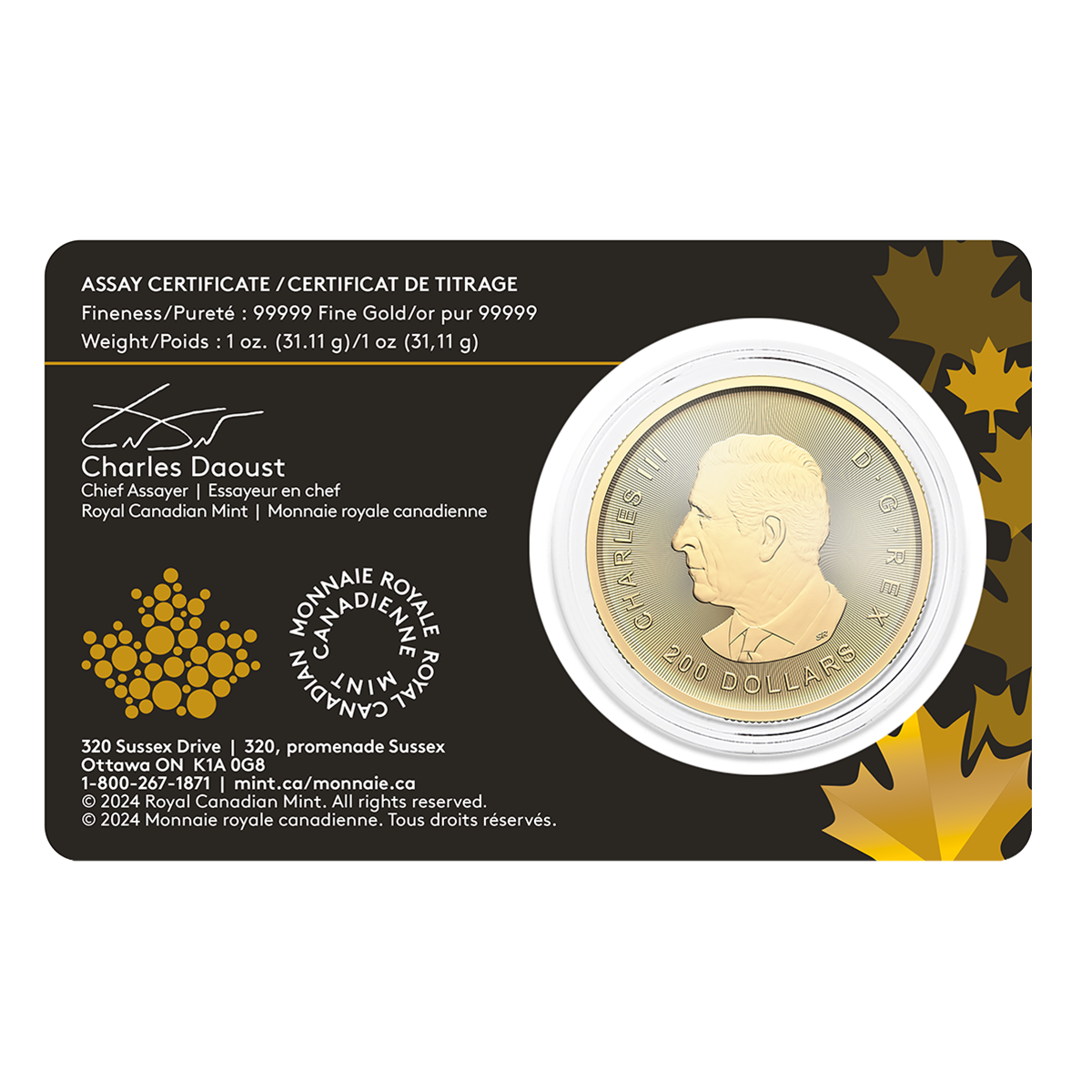 2024 $200 1 oz. 99.999% pure gold coin from Dore to Refined Gold (bullion)