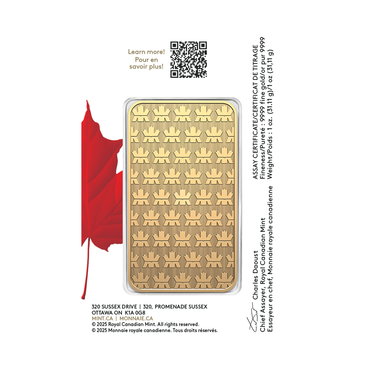 2025 1 oz. 99.99% Pure Gold Bar in Proudly Canadian Packaging (Bullion)