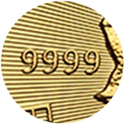 Close up of gold coin showing mark of 99.99% pure gold, 9999.